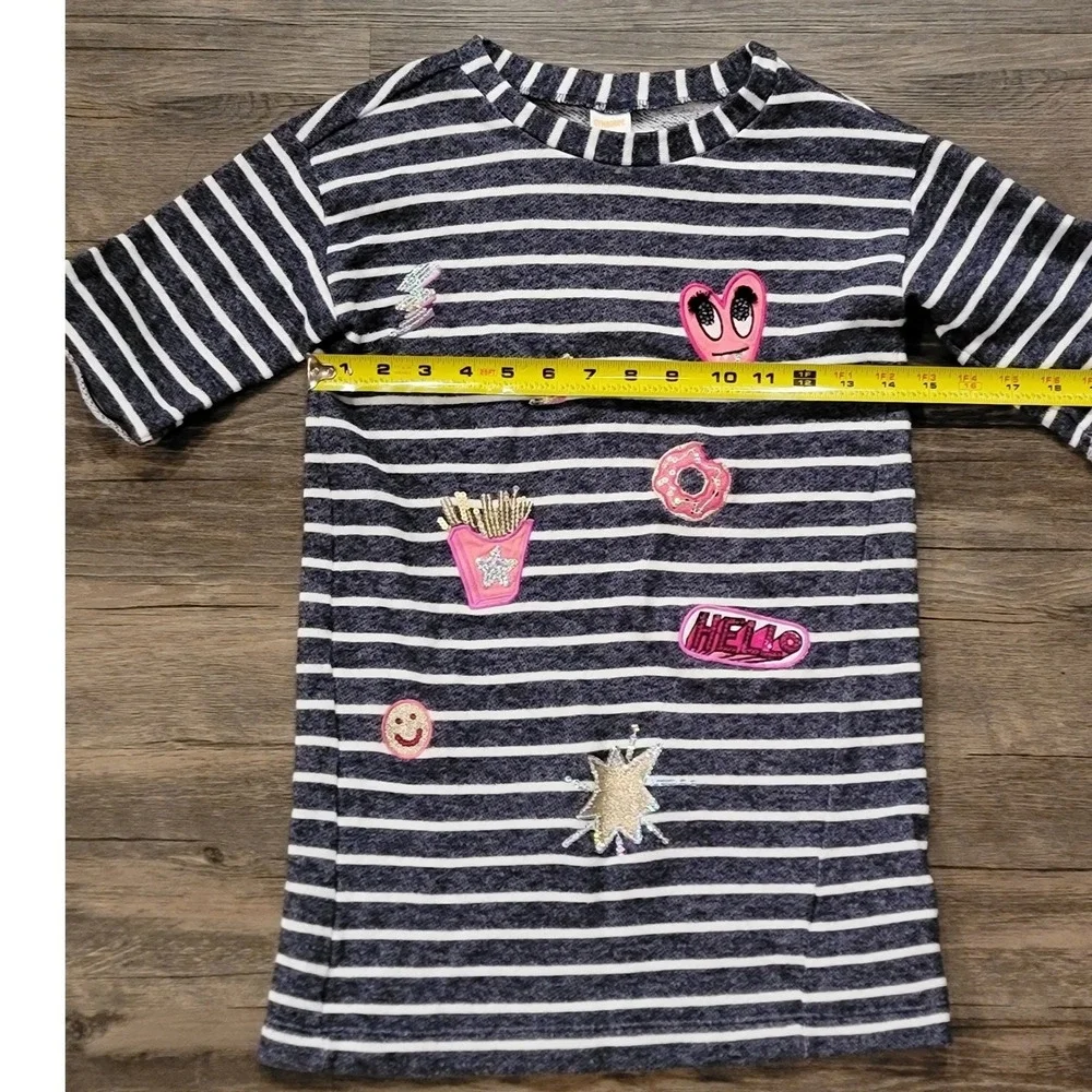 Gymboree Girls Navy White Striped T-Shirt‎ Dress Size 8 Sequin Fun Patches Heart